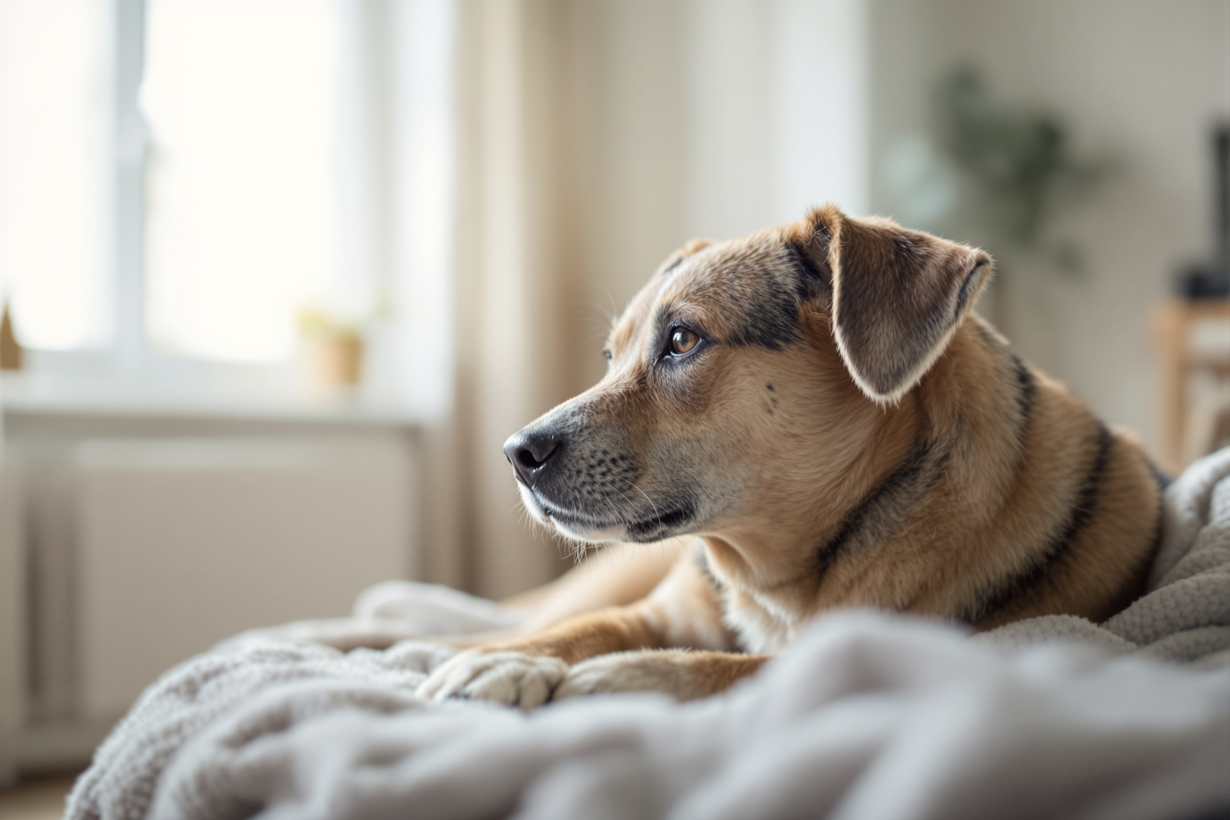 A calm rescue dog resting on a blanket in a quiet room by a window