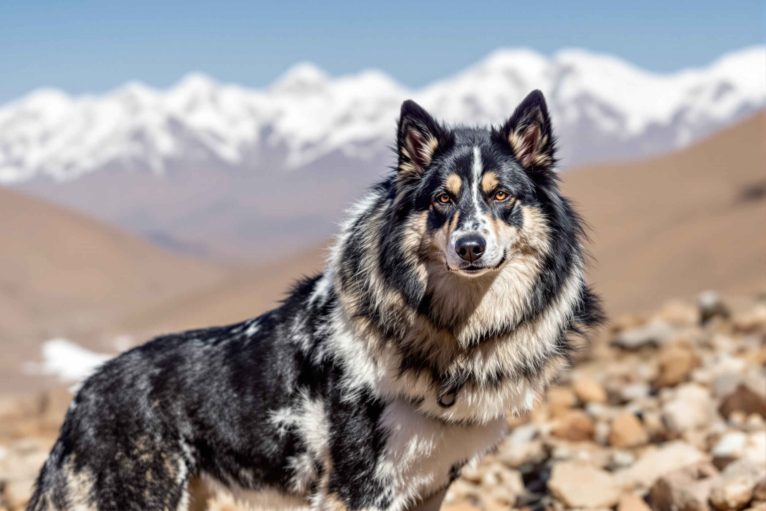 Chien de l'Atlas or Aidi, a thick-coated Moroccan livestock guardian, on rocky mountain ground
