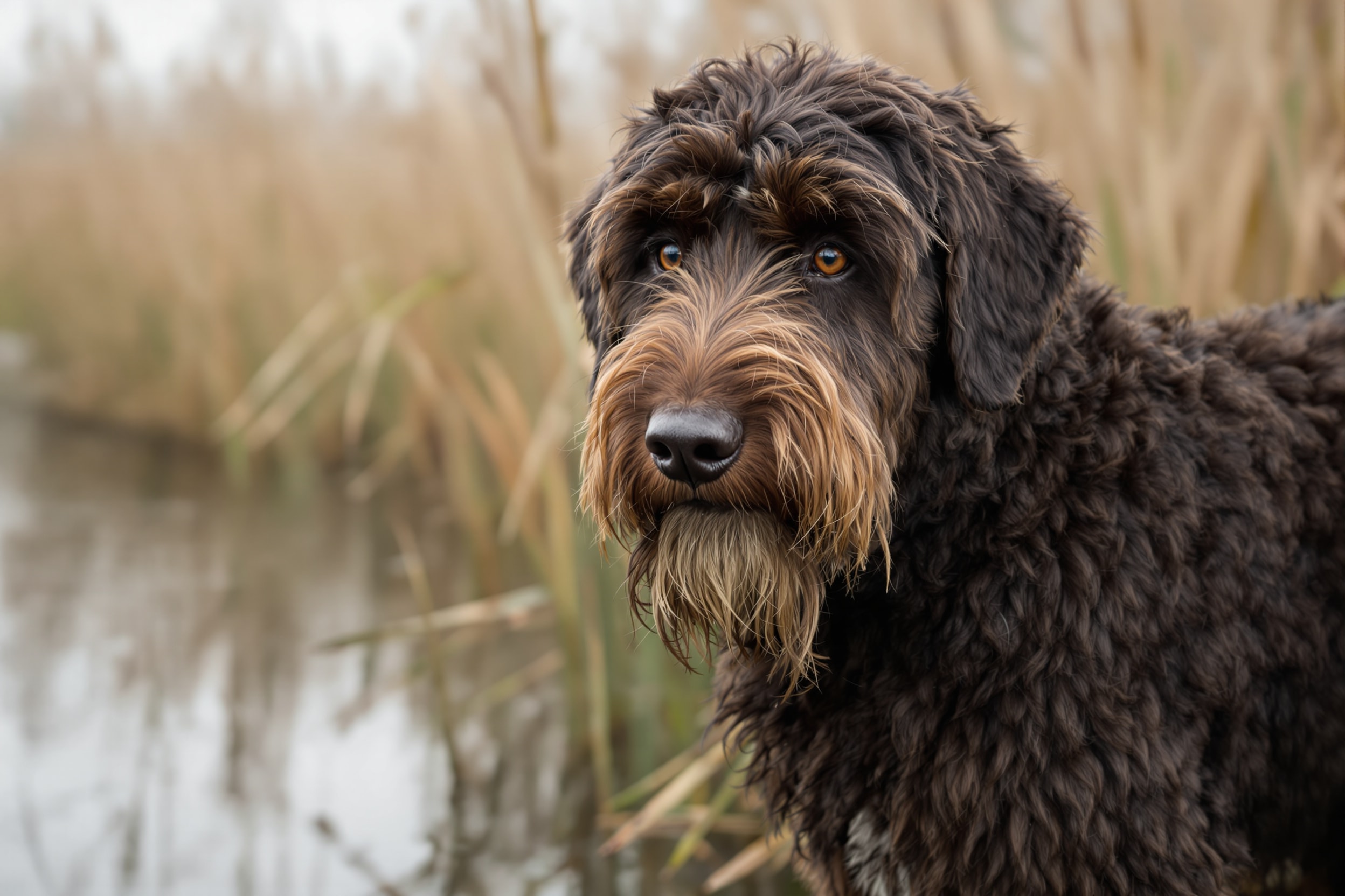 Barbet, a shaggy curly-coated French water dog, at the edge of a reedy marsh