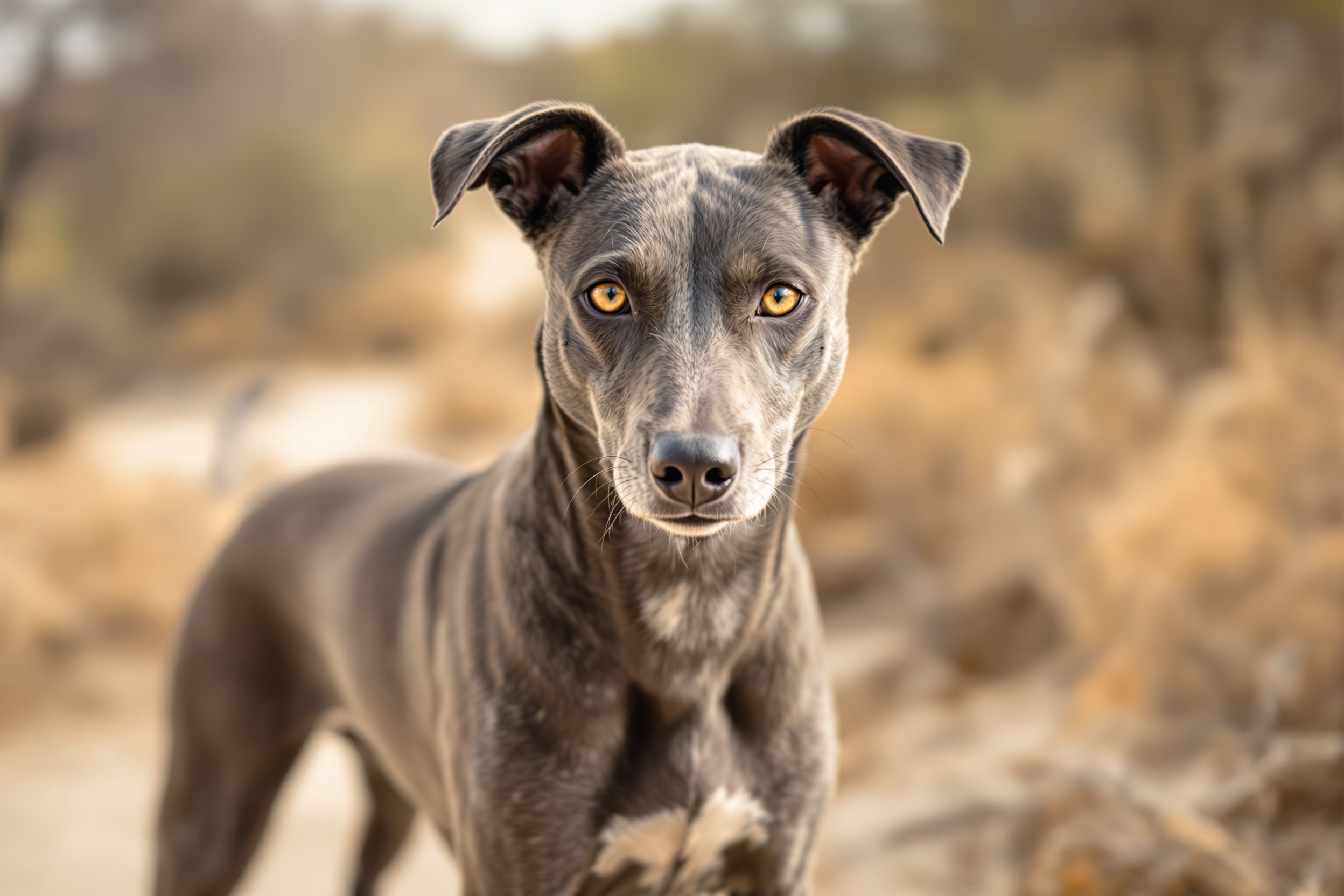Blue Lacy, a slate grey Texas working cur with amber eyes, in hill country scrub