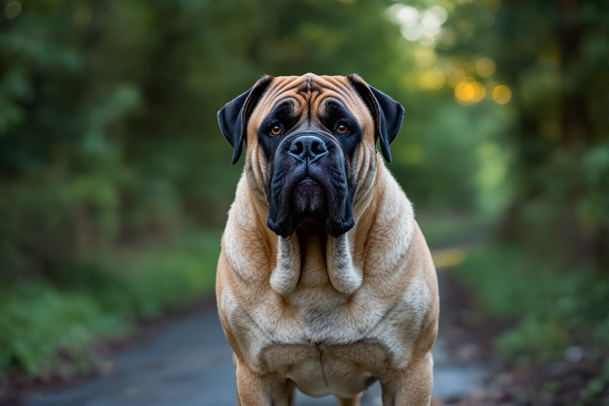 Bullmastiff, a large fawn dog with a black mask, standing on a woodland path at dusk