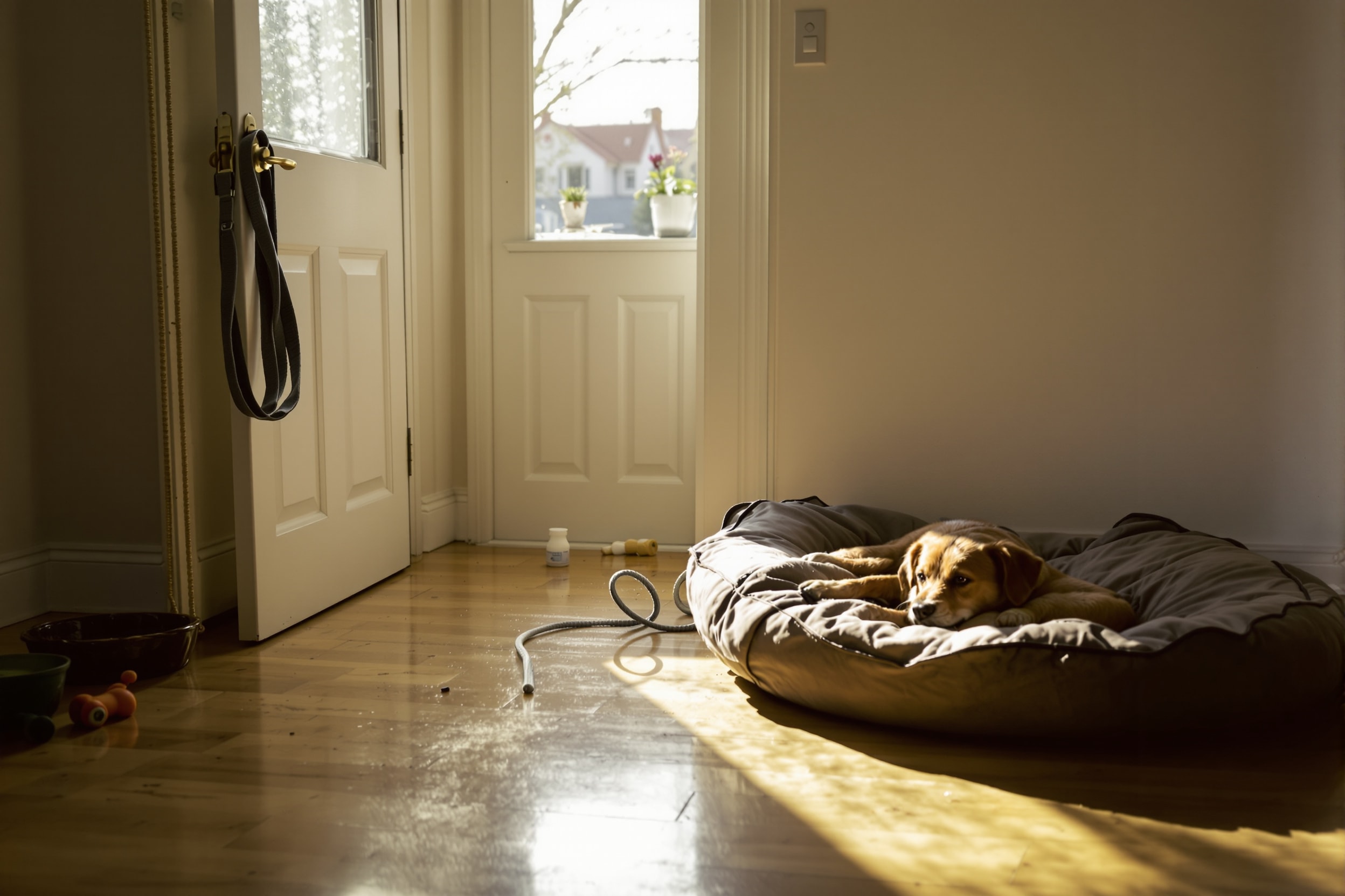 A dog bed, lead and water bowl in a sunlit living room, ready for a new dog