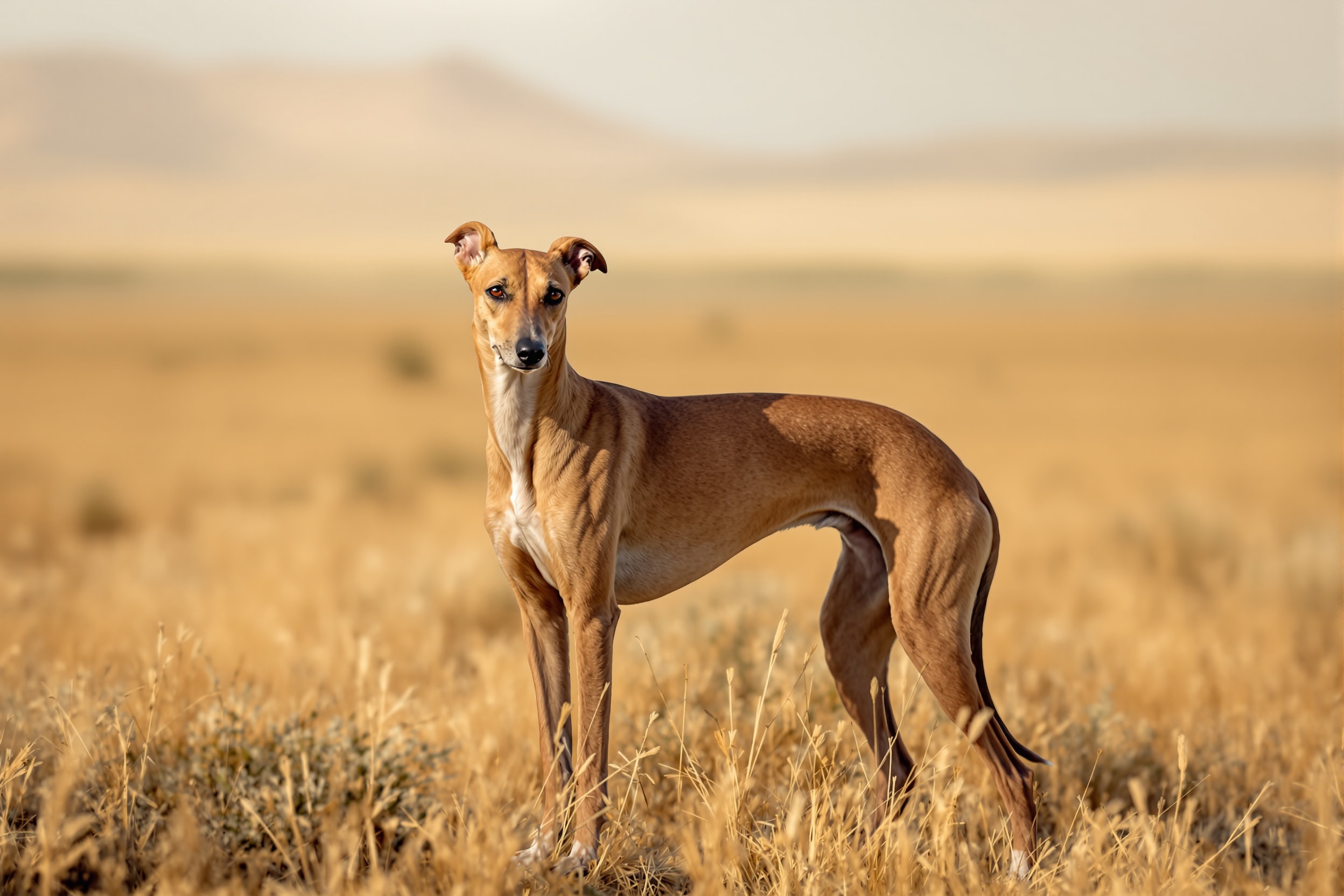 Galgo Espanol, a slender brindle Spanish sighthound, standing on open grassland