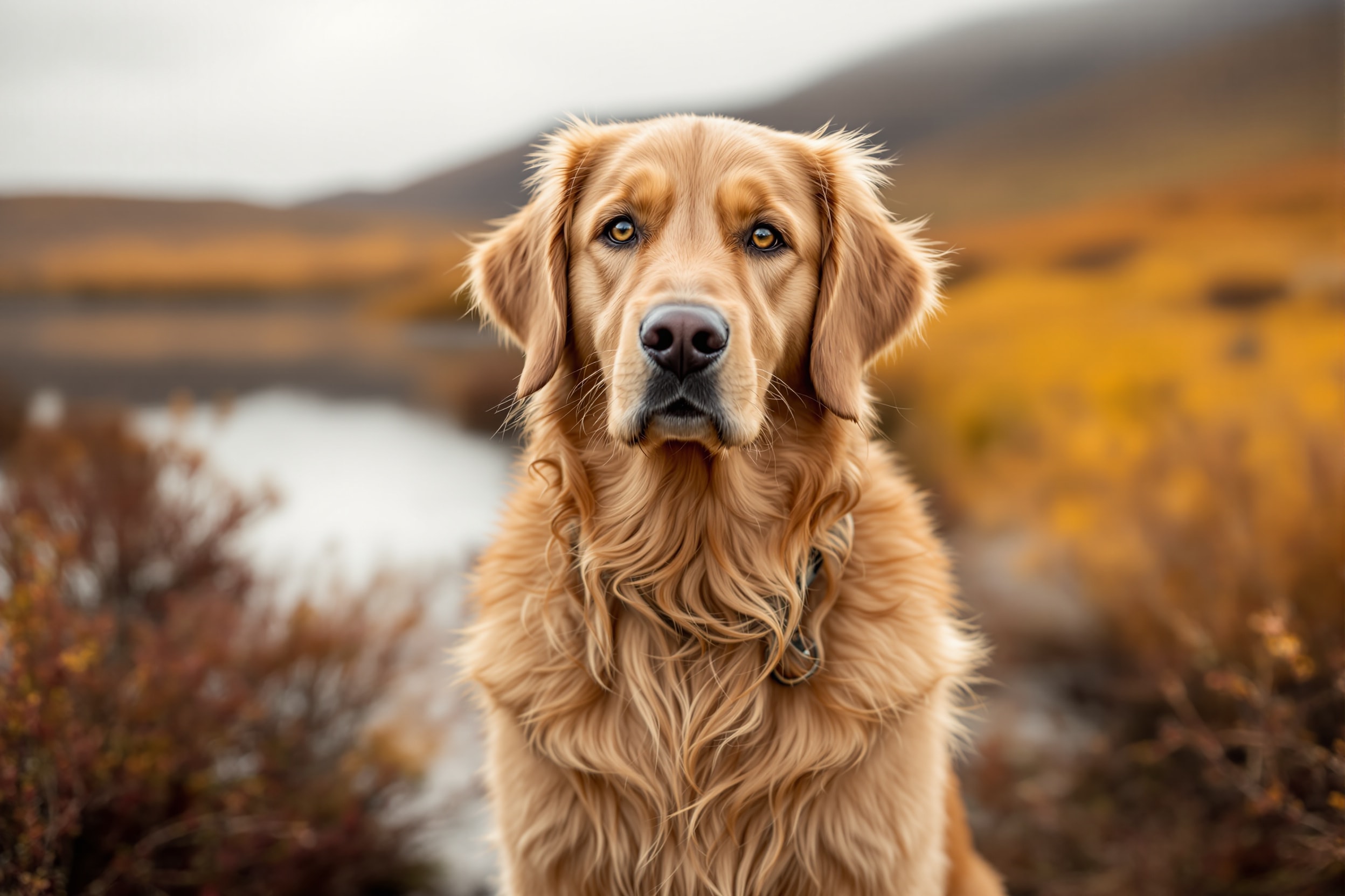 Golden Retriever standing at the edge of a Highland loch