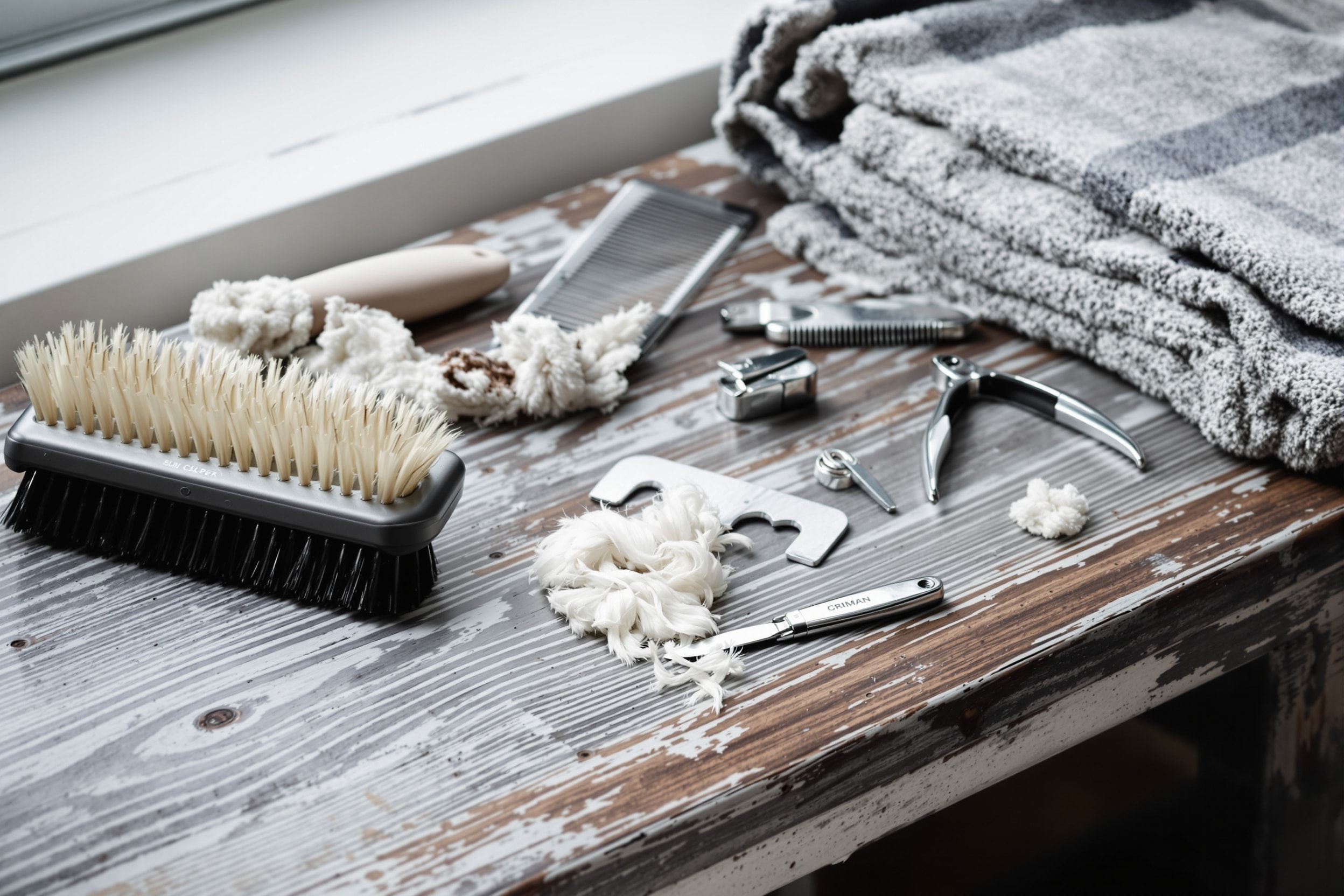 Dog grooming tools including a slicker brush, comb, undercoat rake and clippers on a wooden bench