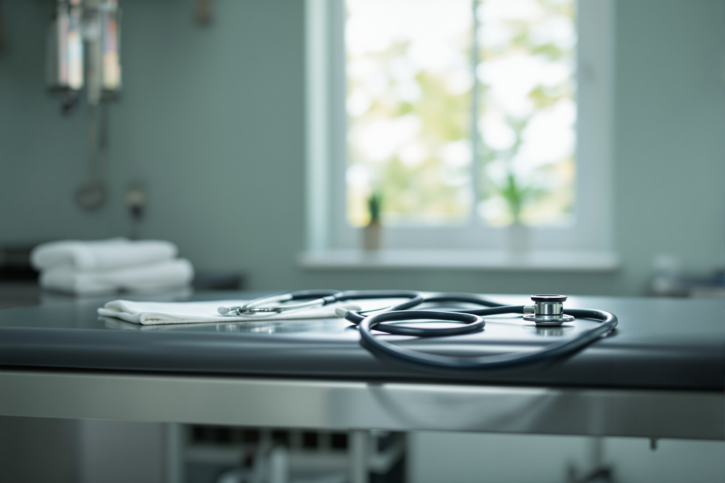 A quiet veterinary consulting room with a stethoscope on the examination table
