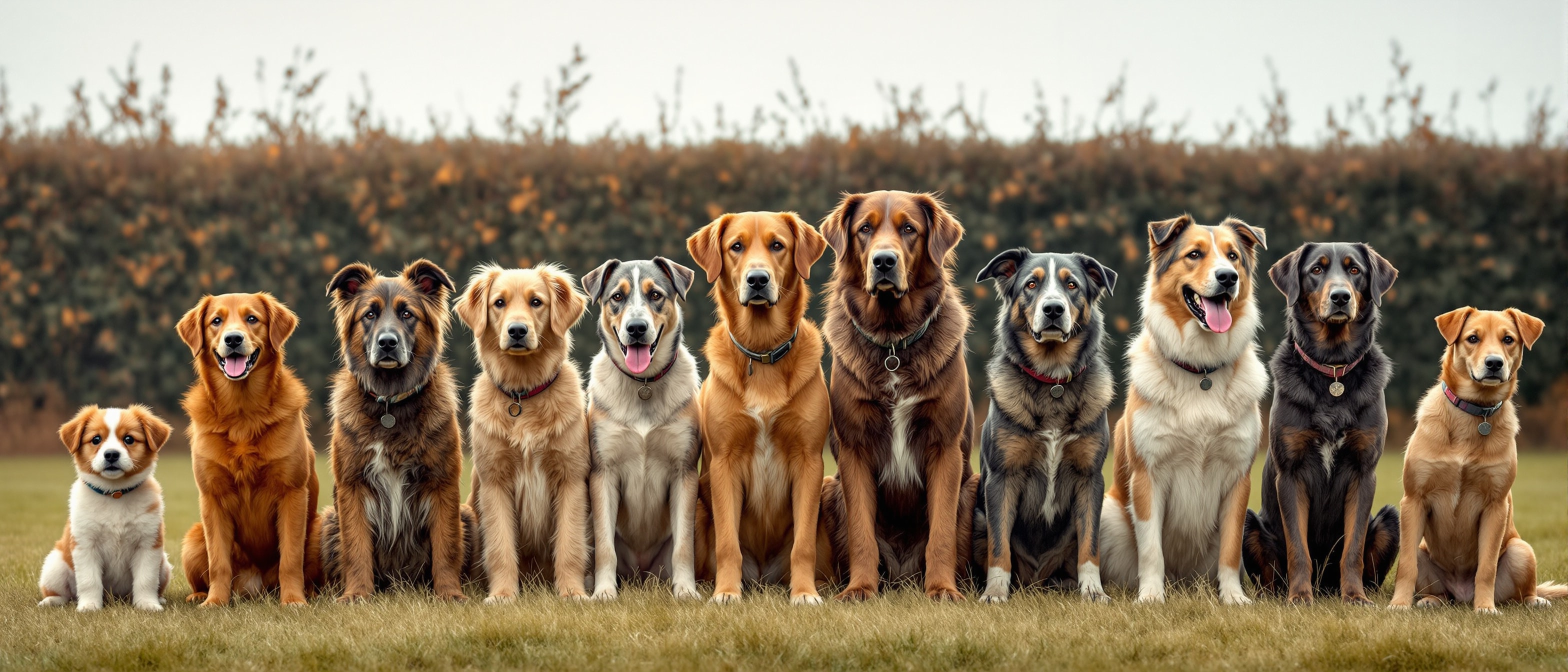 Nine dog breeds of widely different sizes standing together, illustrating the range of the domestic dog