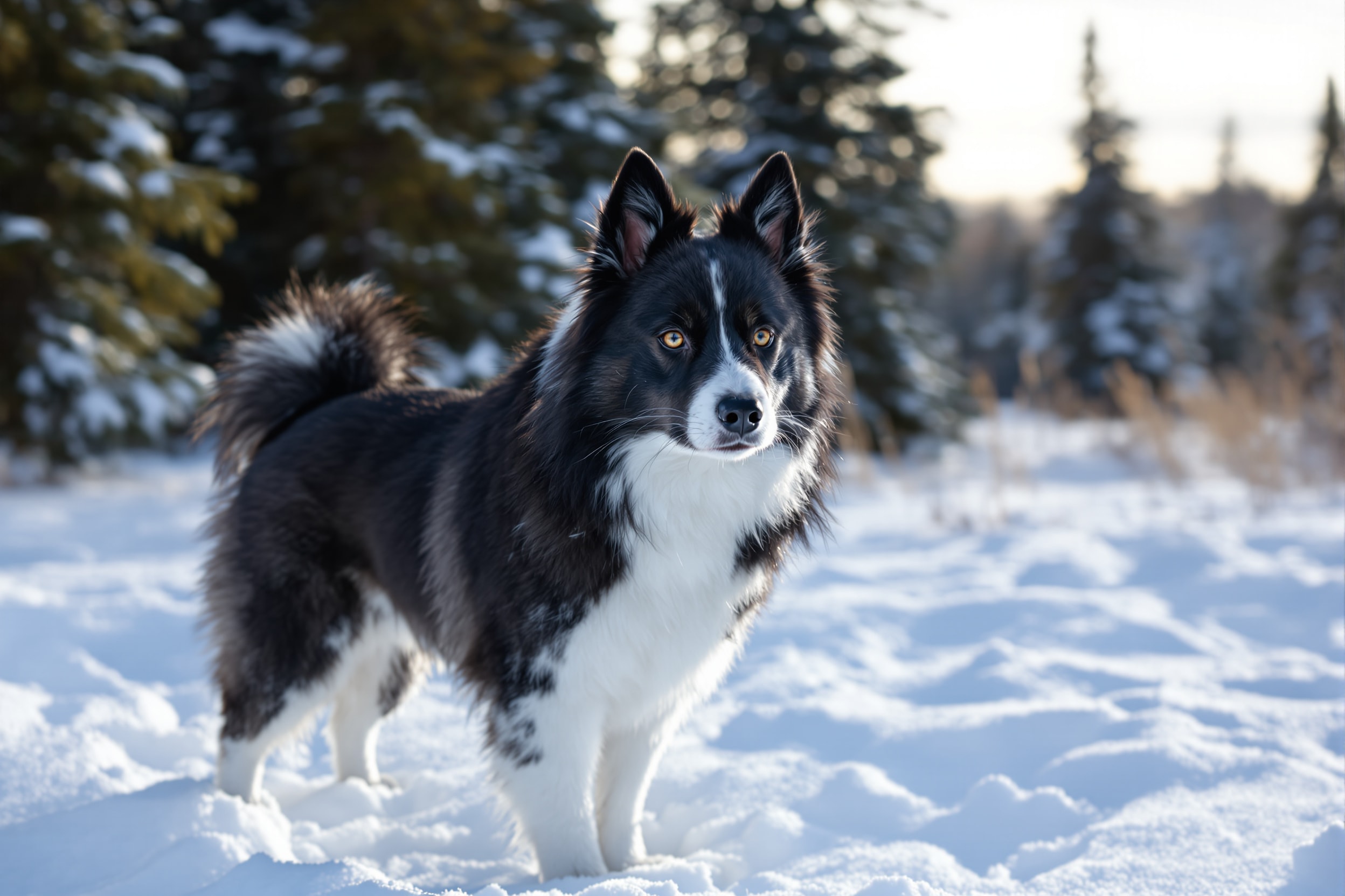 Karelian Bear Dog, a black and white Nordic hunting spitz, on snow at a forest edge