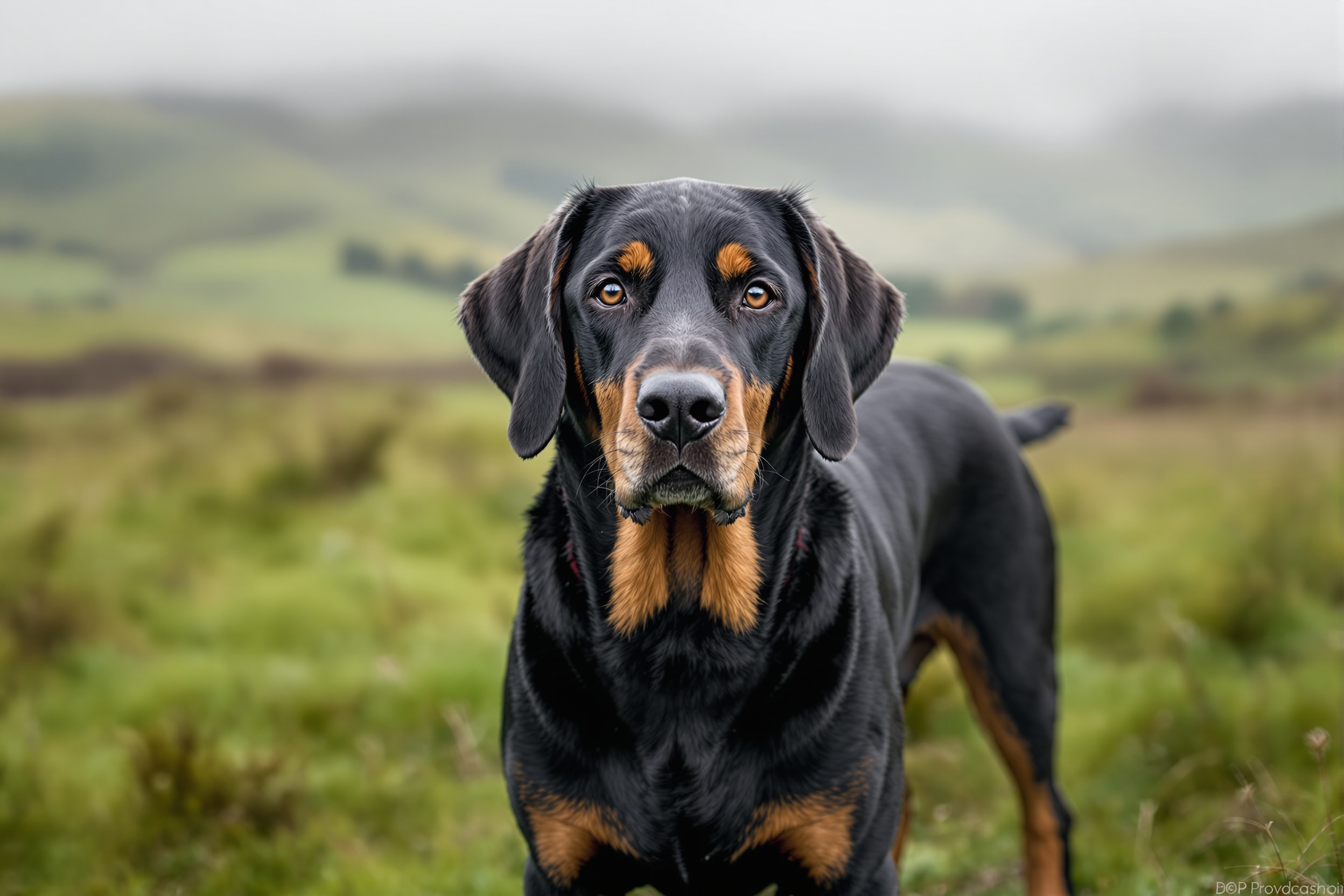 Kerry Beagle, a large black and tan Irish scenthound, standing in upland pasture