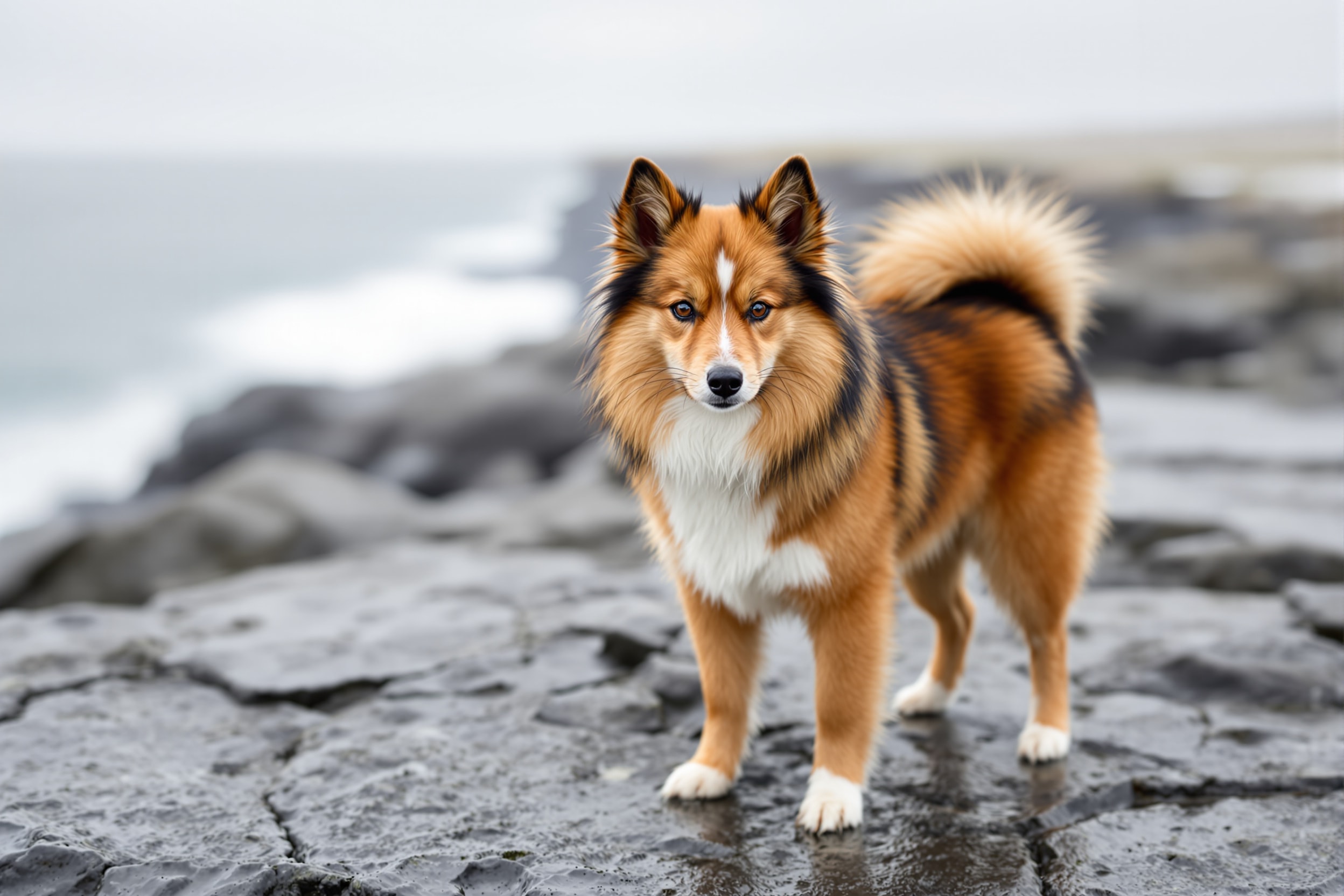 Norwegian Lundehund, a small reddish brown spitz, standing on coastal rock above the sea