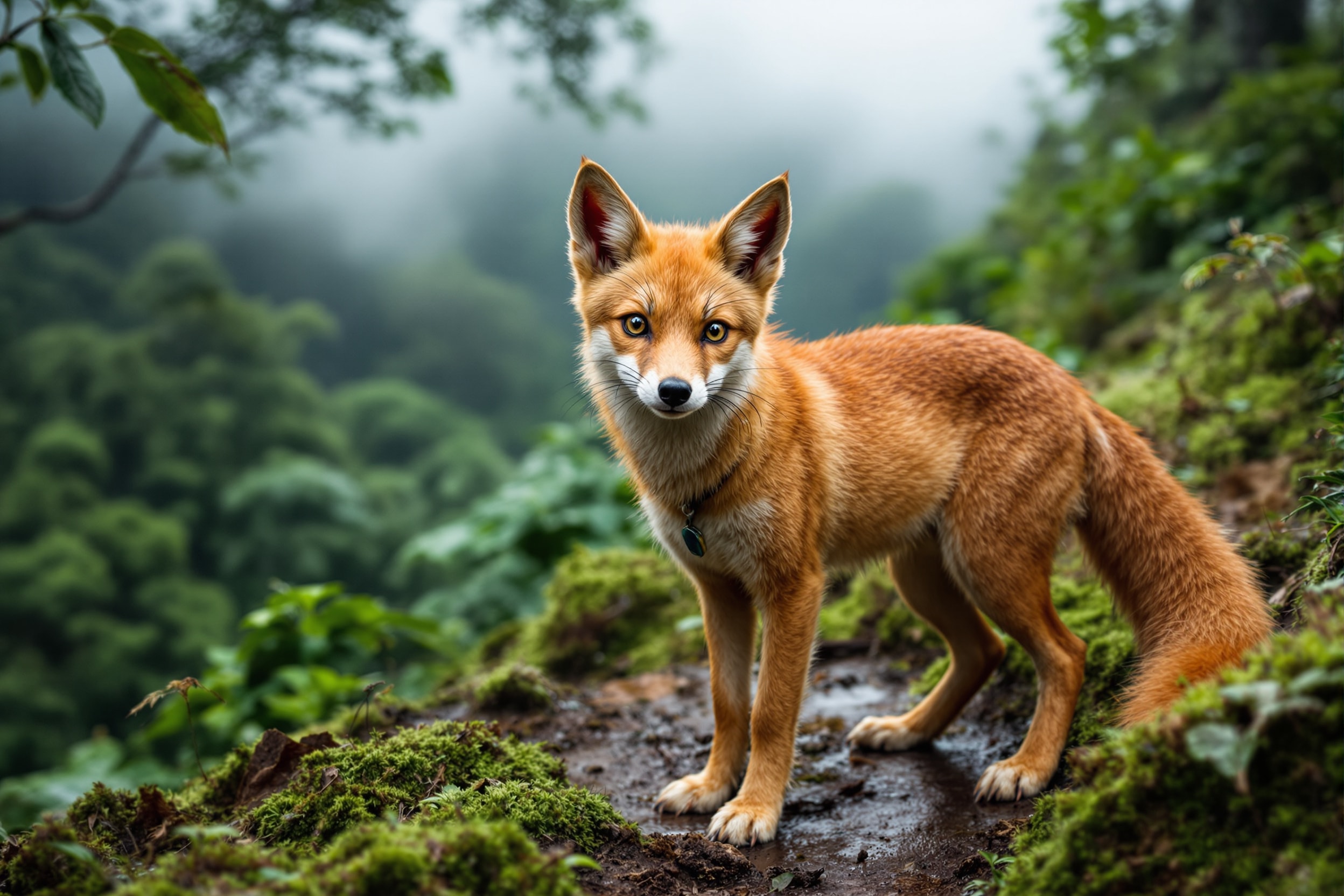 New Guinea Singing Dog, a ginger red primitive canid, in misty highland forest