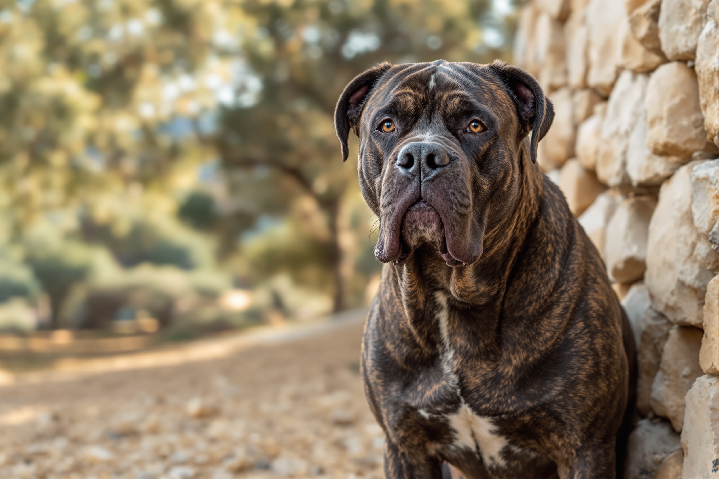 Perro de Presa Mallorquin or Ca de Bou, a brindle Majorcan molosser, beside a dry stone wall