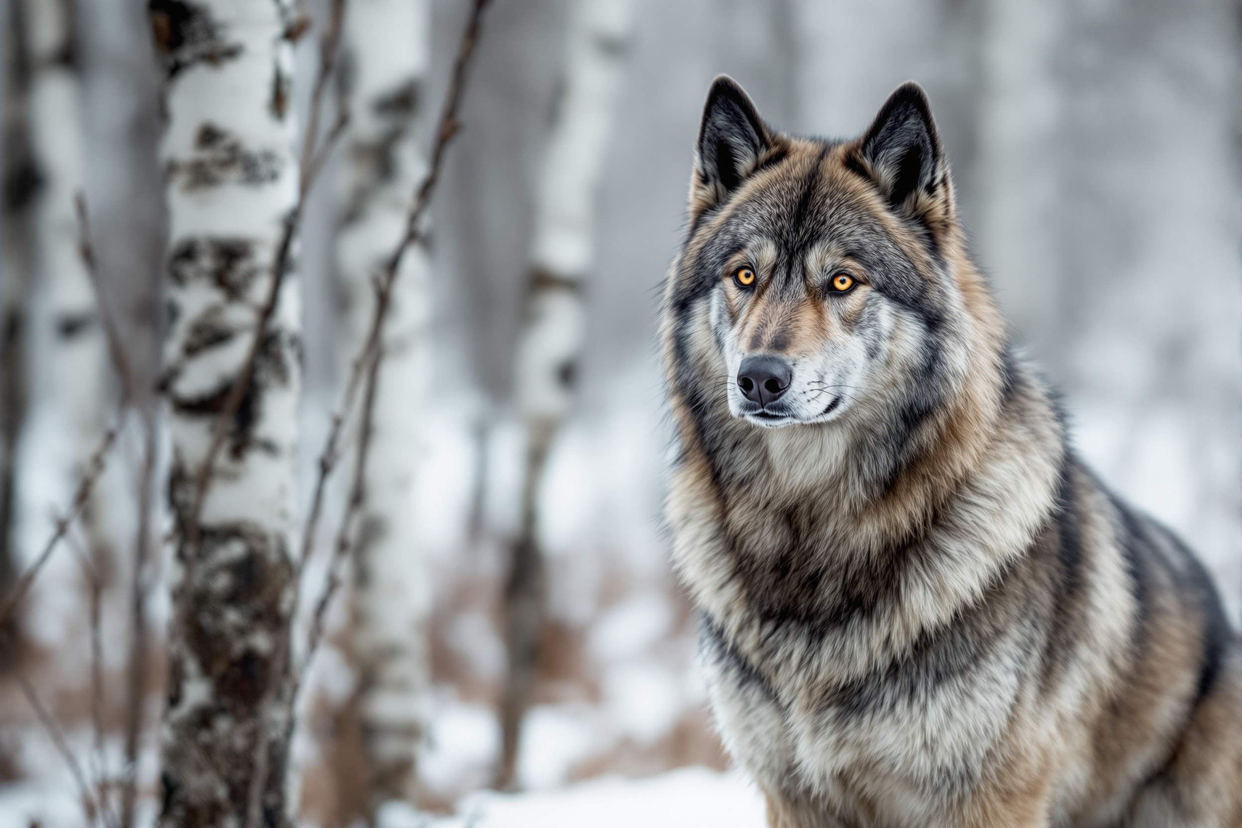 Saarlooswolfhond, a wolf-grey Dutch wolfdog, standing among winter birches