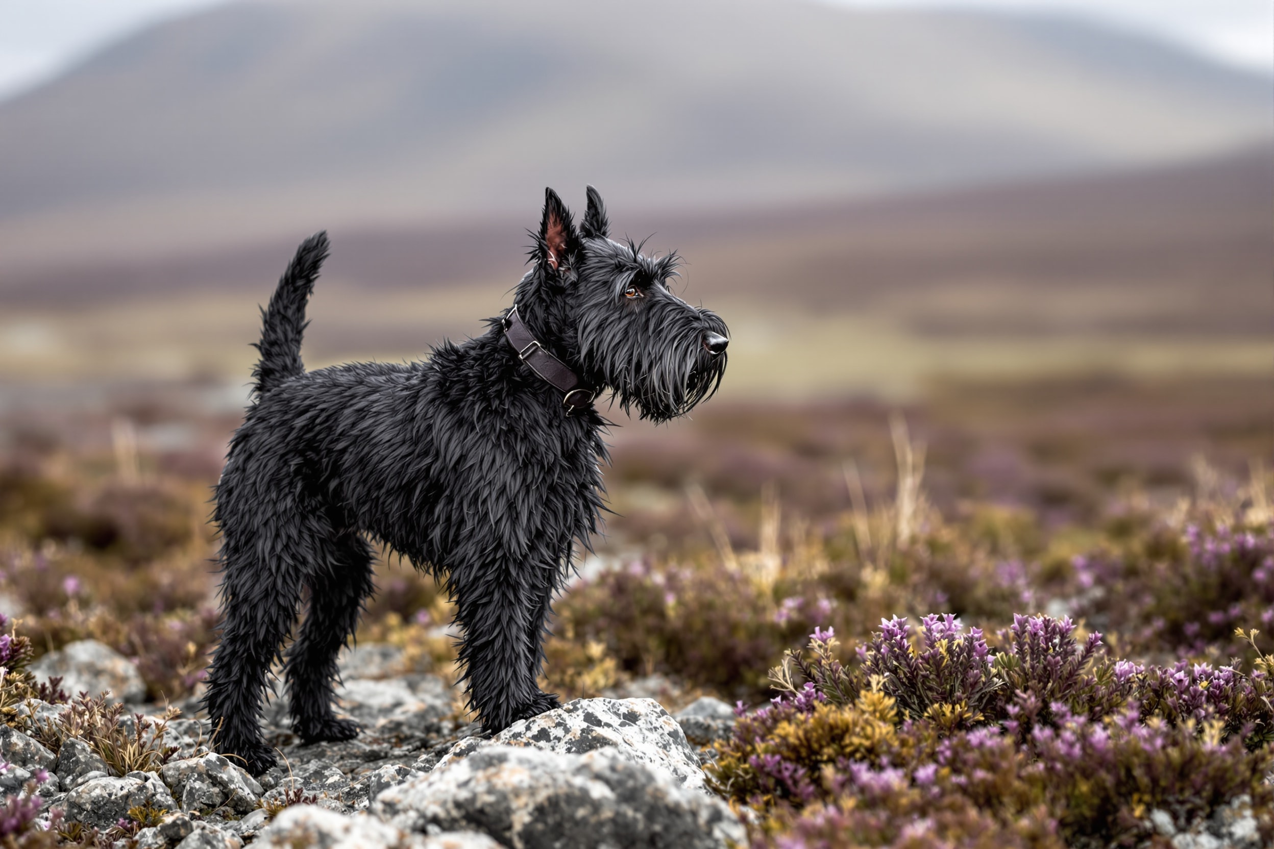 Scottish Terrier, a small black wire-coated terrier, standing on heather moorland
