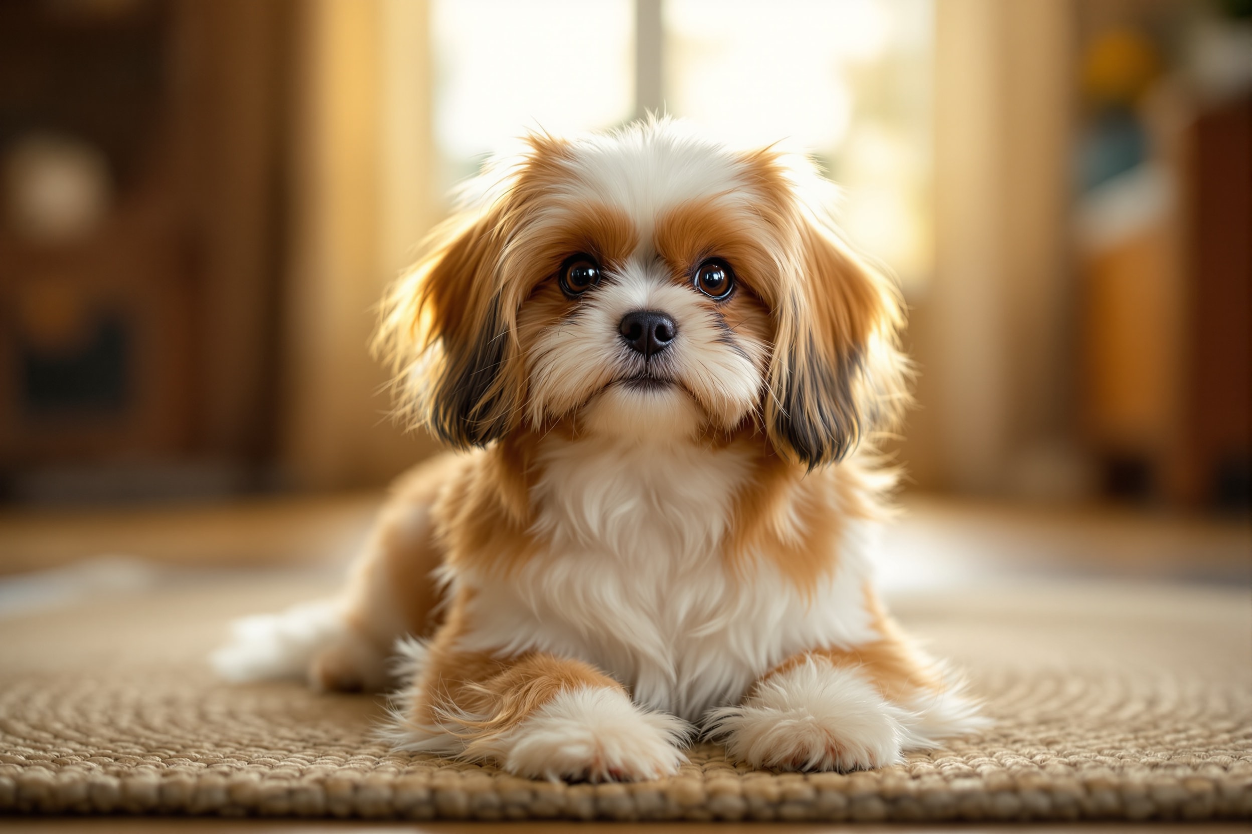 Shih Tzu, a small gold and white long-coated toy dog, sitting on a rug