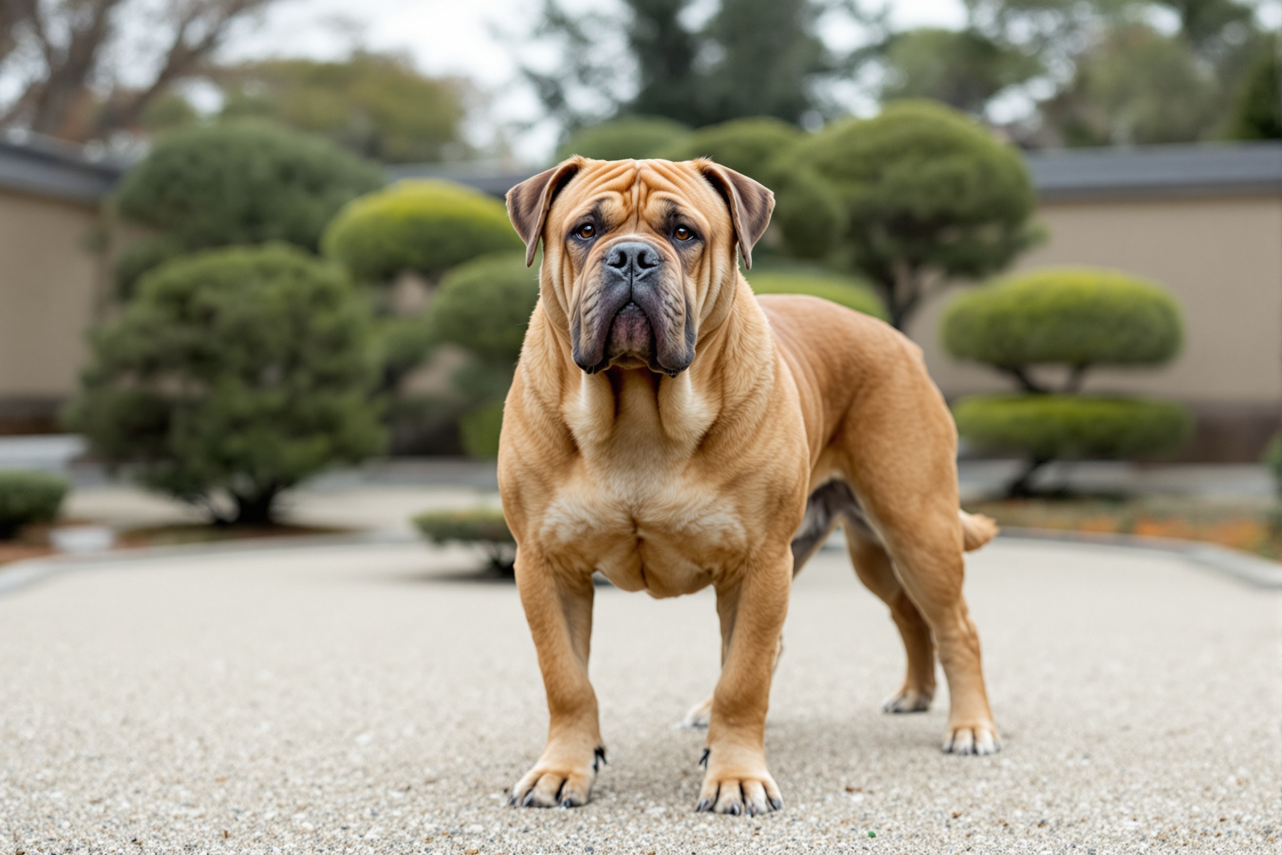 Tosa Inu, a large red fawn Japanese mastiff, standing calmly in a garden